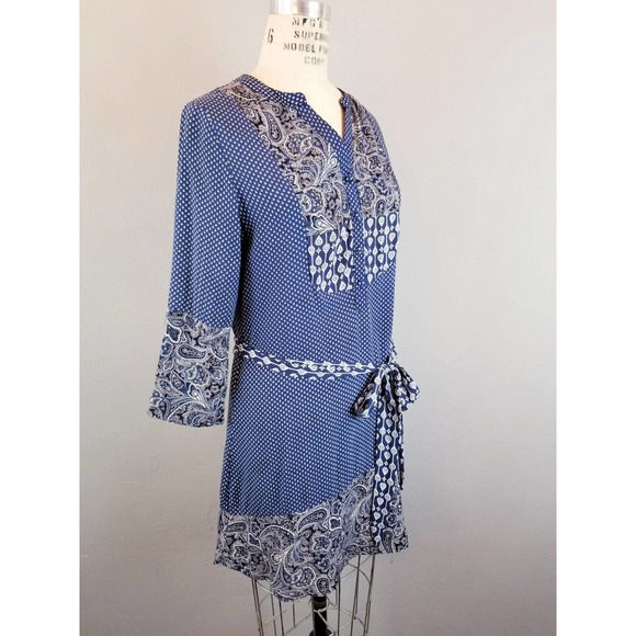 Buttons Brand Navy Blue Print Shirt Dress with Tie Women's Size Small - Picture 6 of 7